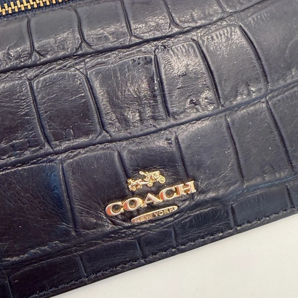 Coach Navy Blue Croc-Embossed Continental Wallet with Gold Logo